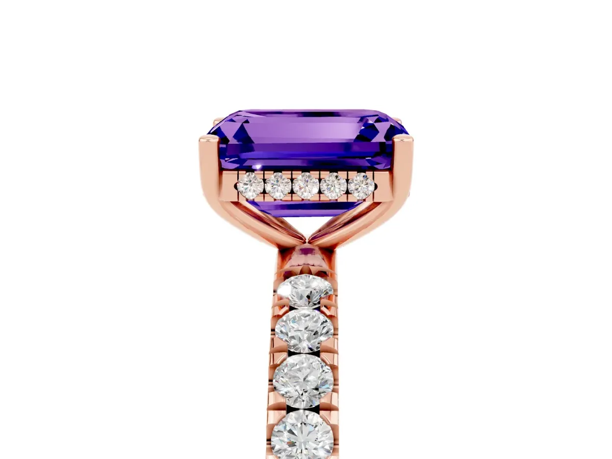 Emerald Cut Tanzanite Pave Band Solitaire Ring with Round and Prong Setting Rose gold