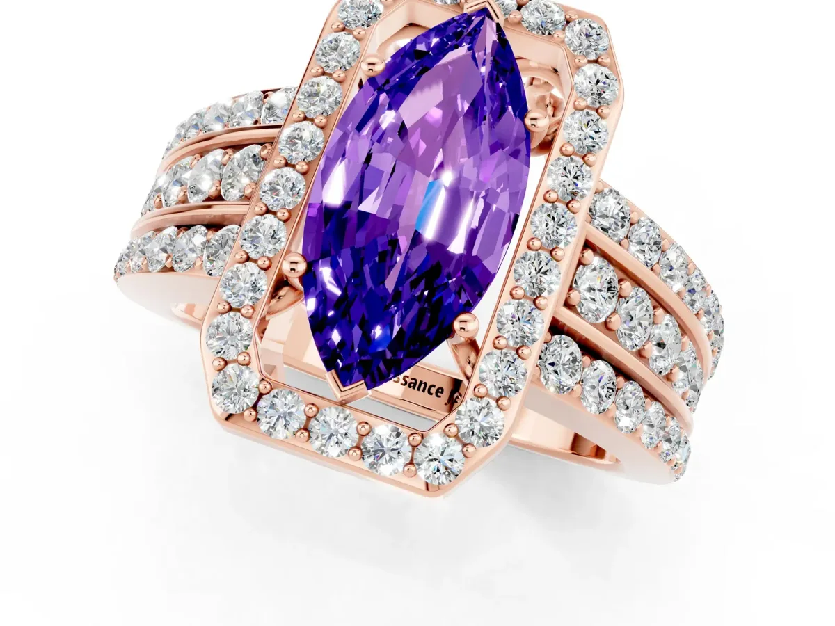 Marquise Cut Halo Tanzanite Ring with Round Split Shank and Prong Setting Rose gold