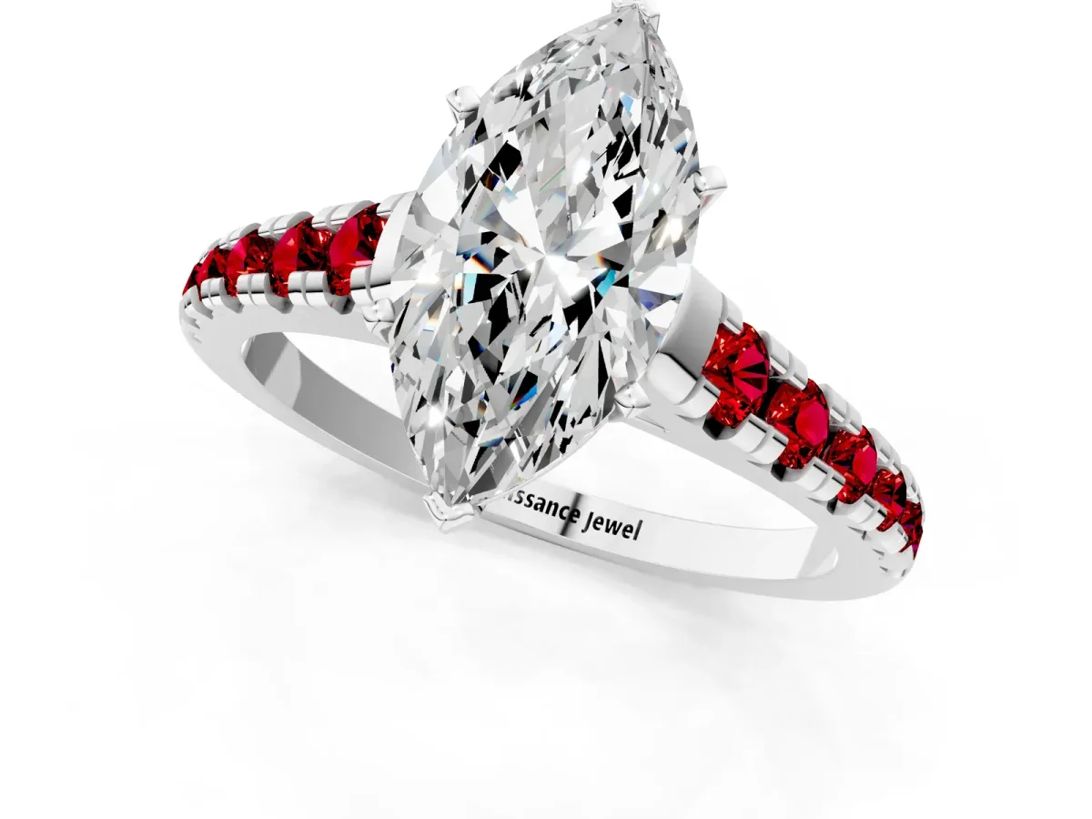 Marquise Cut Diamond Cathedral Solitaire Ring with Round Ruby Pavé Band White gold