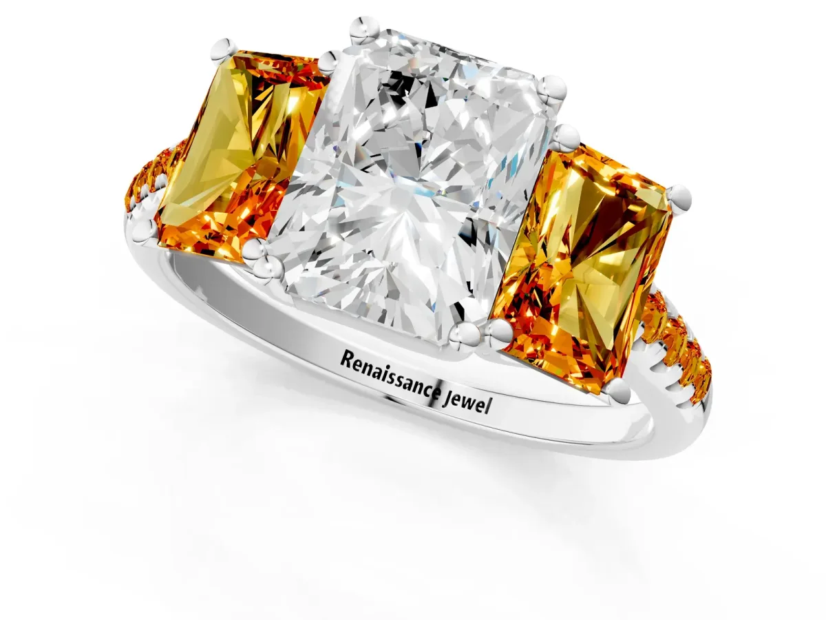 Three-Stone Radiant Cut Diamond Ring with Round Citrine Pavé Band and Prong Setting White gold