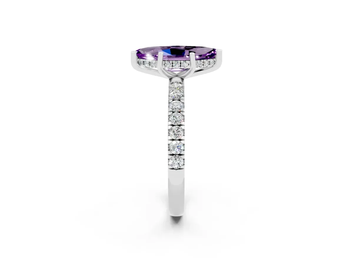 Marquise Cut Amethyst Pave Band Solitaire Ring with Round and Prong Setting Platinum