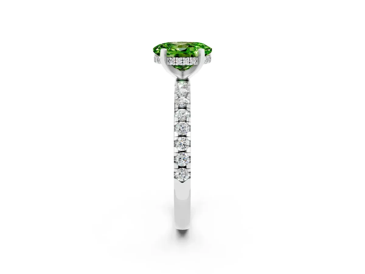 Oval Cut Peridot Solitaire Ring with Round Pavé Band and Four-Prong Setting Silver