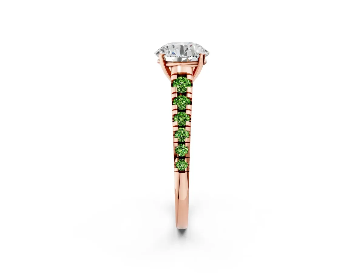 Round Cut Diamond Cathedral Solitaire Ring with Round Peridot Pavé Band Rose gold