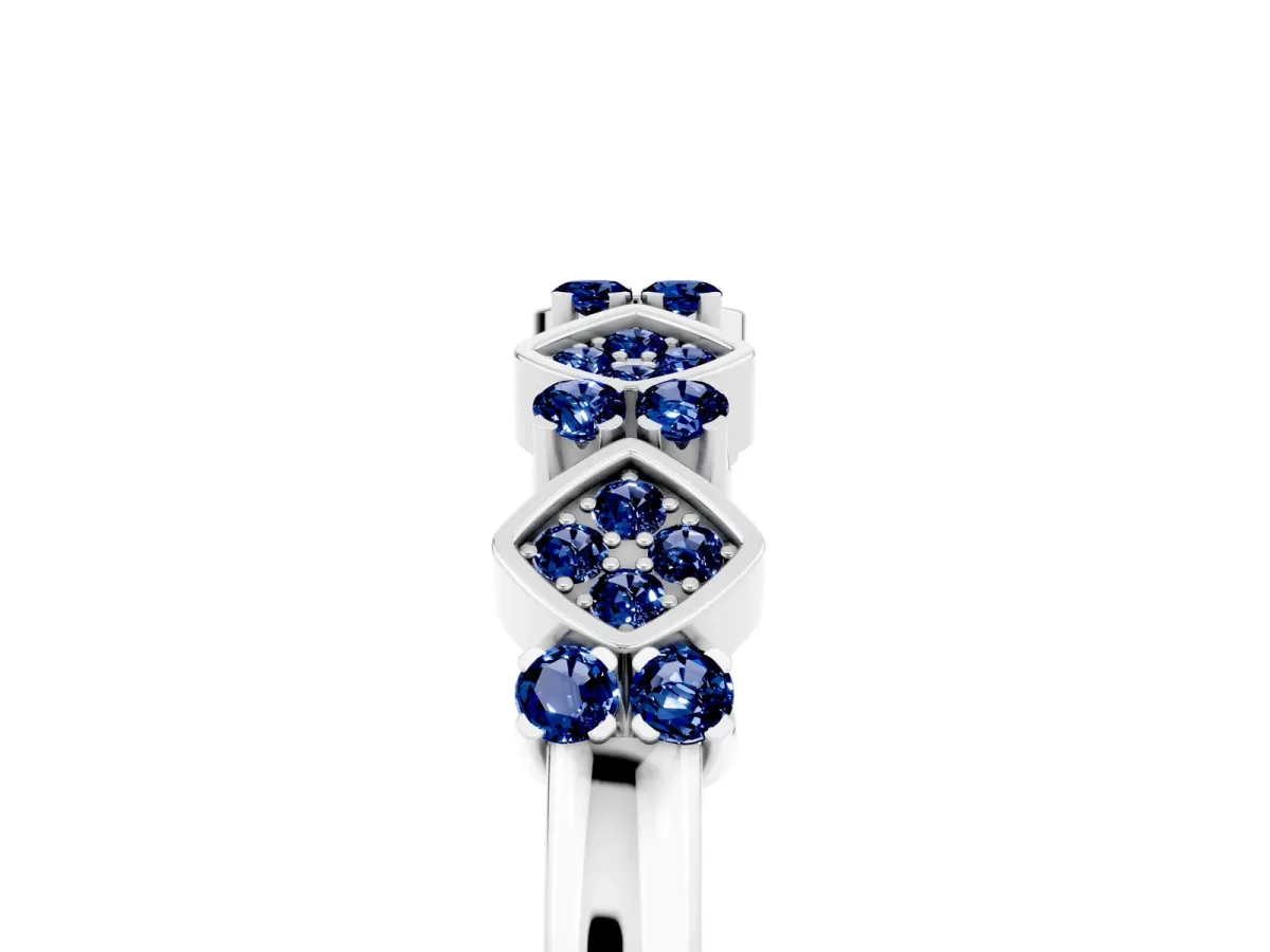 Pavé Cushion Blue Sapphire Cluster Eternity Band with Prong Setting Silver
