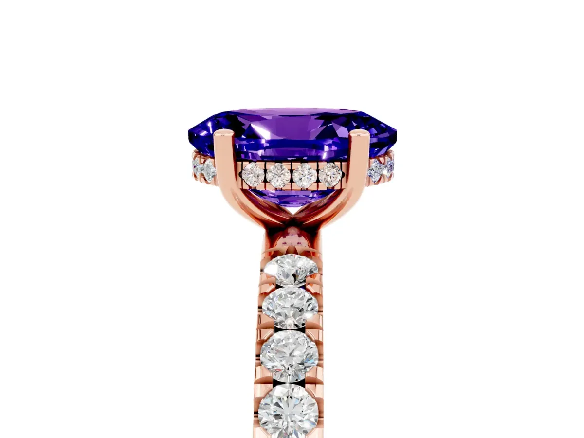 Oval Cut Tanzanite Pave Band Solitaire Ring with Round and Prong Setting Rose gold