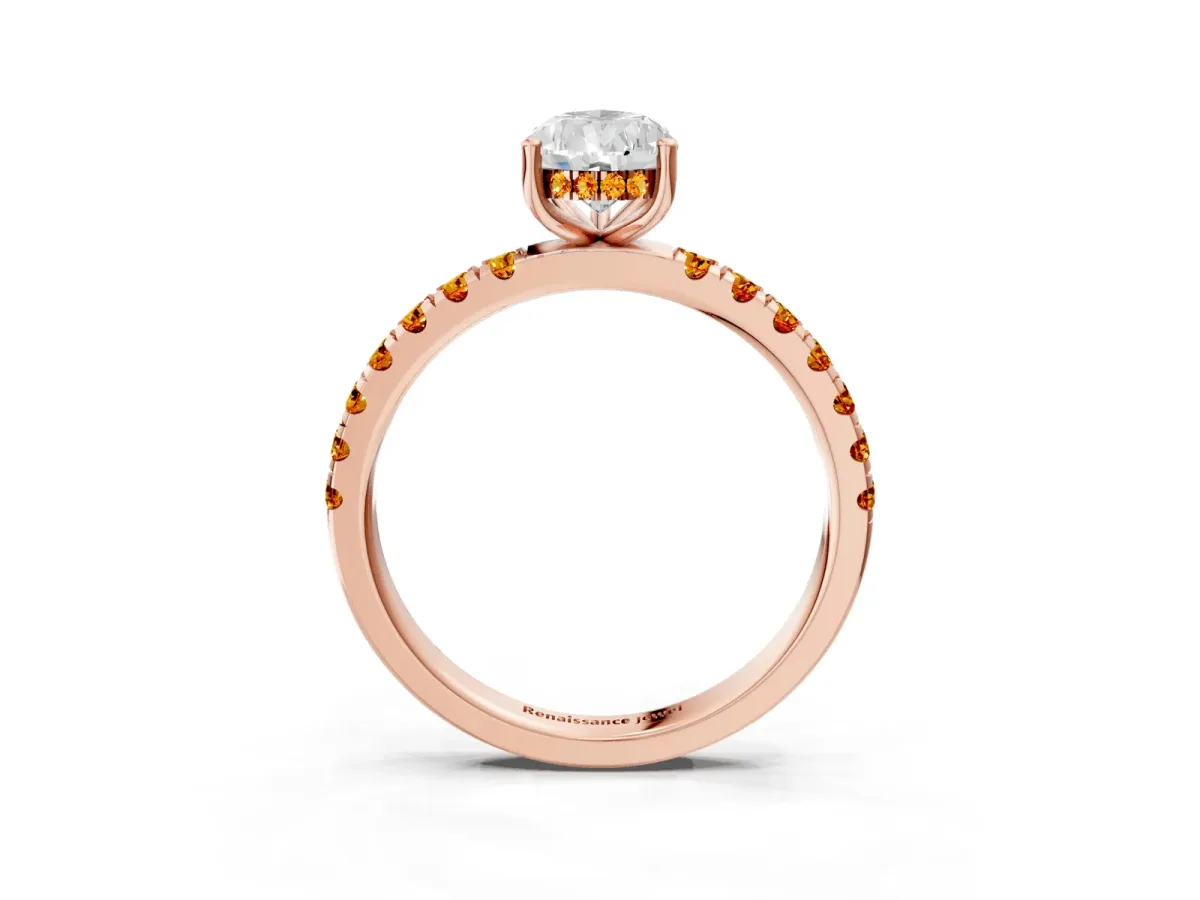 Pear Cut Diamond Pave Band Solitaire Ring with Round Citrine and Prong Setting Rose gold