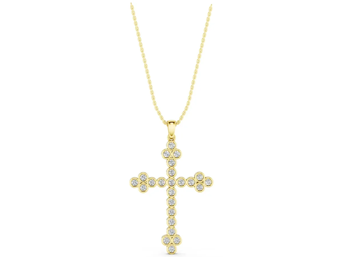 Round Diamond Bezel Set Cross Pendant Yellow gold