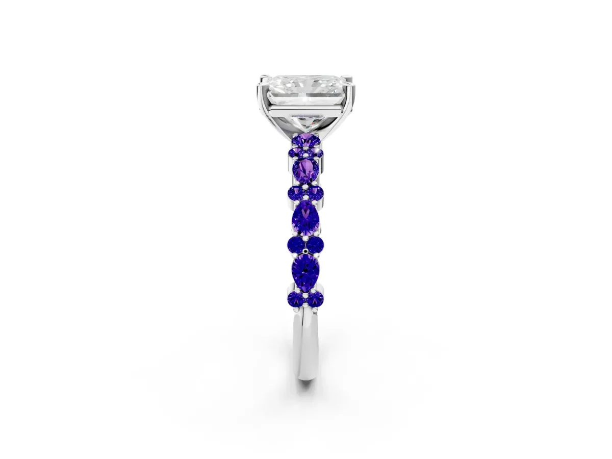 Radiant Cut Diamond Side Stone Solitaire Ring with Round Tanzanite and Four-Prong Setting Platinum