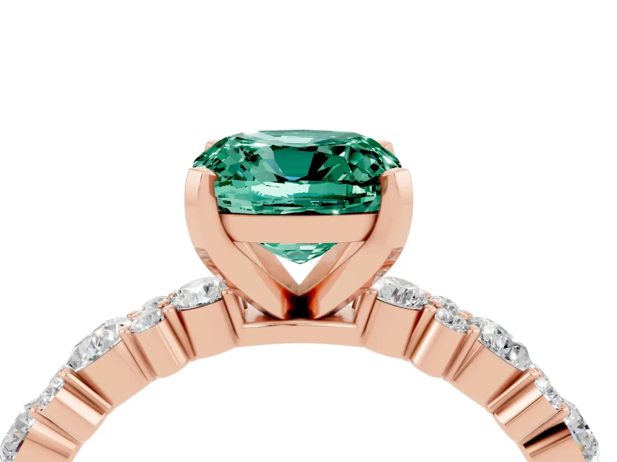 Cushion Cut Green Sapphire Side Stone Solitaire Ring with Round and Four-Prong Setting Rose gold
