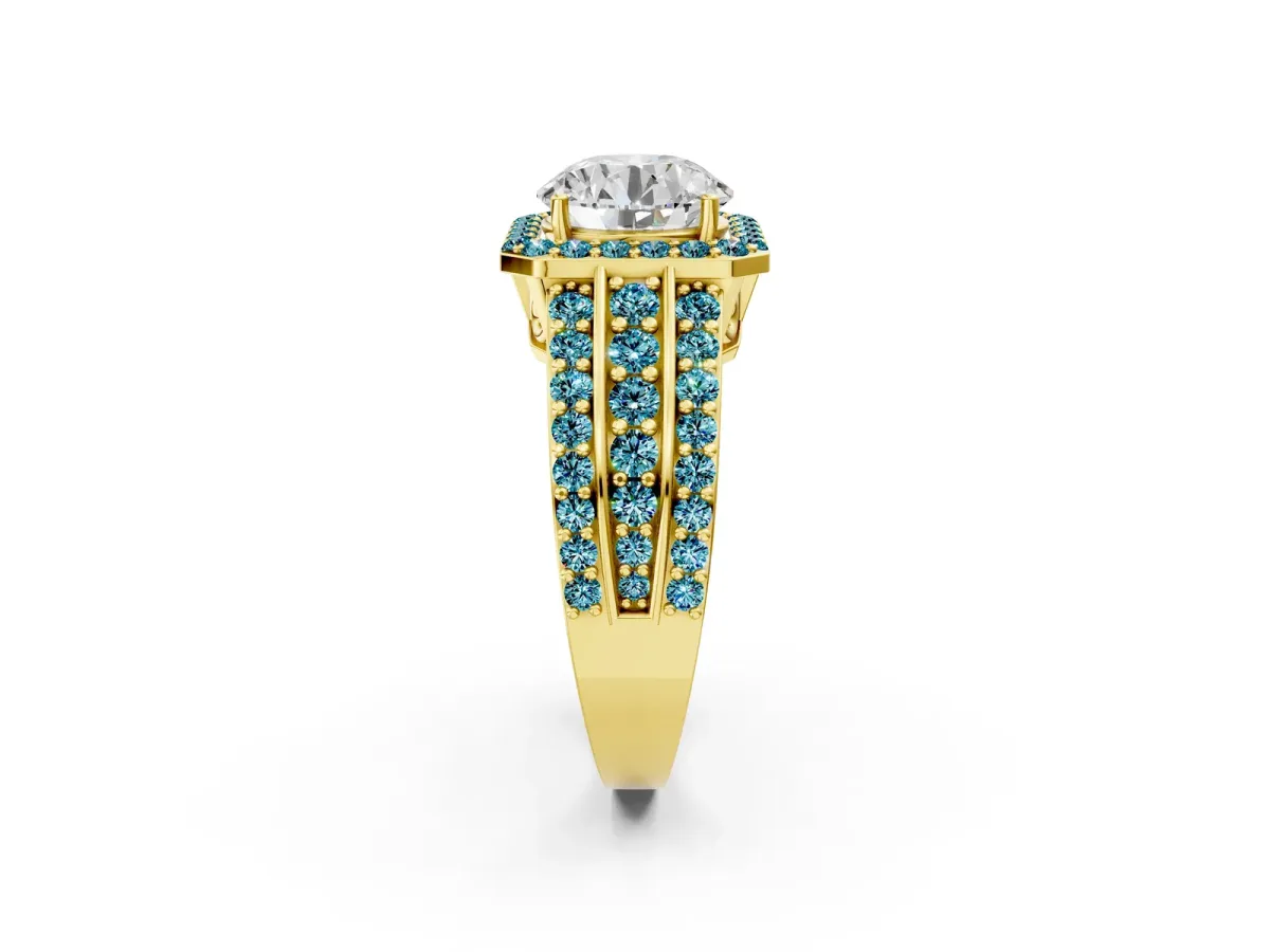Round Cut Halo Diamond Ring with Round Blue Topaz Split Shank and Prong Setting Yellow gold