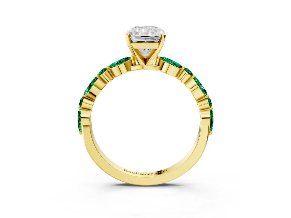 Radiant Cut Diamond Ring with Marquise and Round Emerald Side Stones and Four-Prong Setting Yellow gold