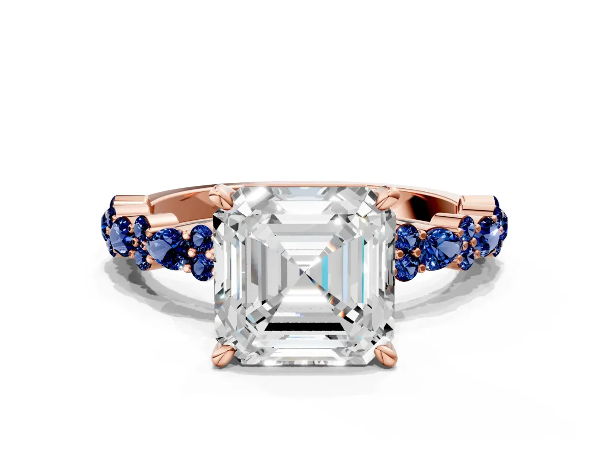 Asscher Cut Diamond Side Stone Solitaire Ring with Round Blue Sapphire and Four-Prong Setting Rose gold