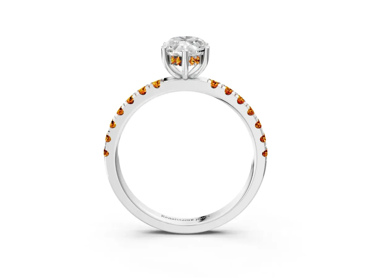 Marquise Cut Diamond Pave Band Solitaire Ring with Round Citrine and Prong Setting White gold