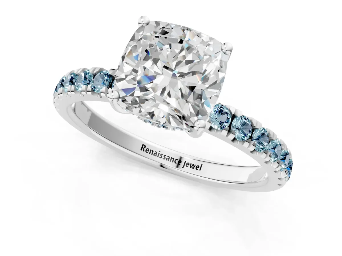 Cushion Cut Diamond Pave Band Solitaire Ring with Round Aquamarine and Prong Setting Silver