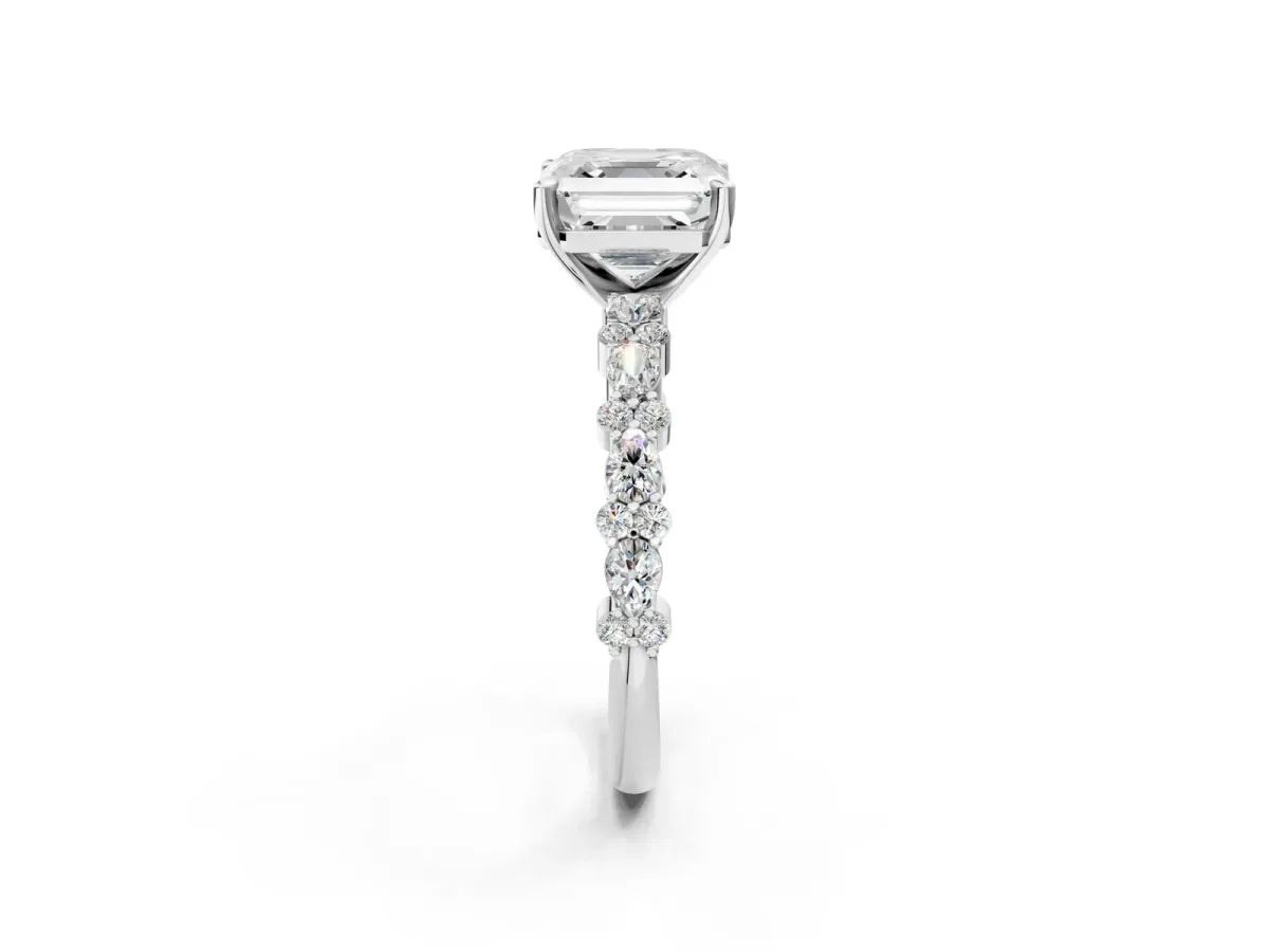 Asscher Cut Diamond Side Stone Solitaire Ring with Round and Four-Prong Setting Platinum