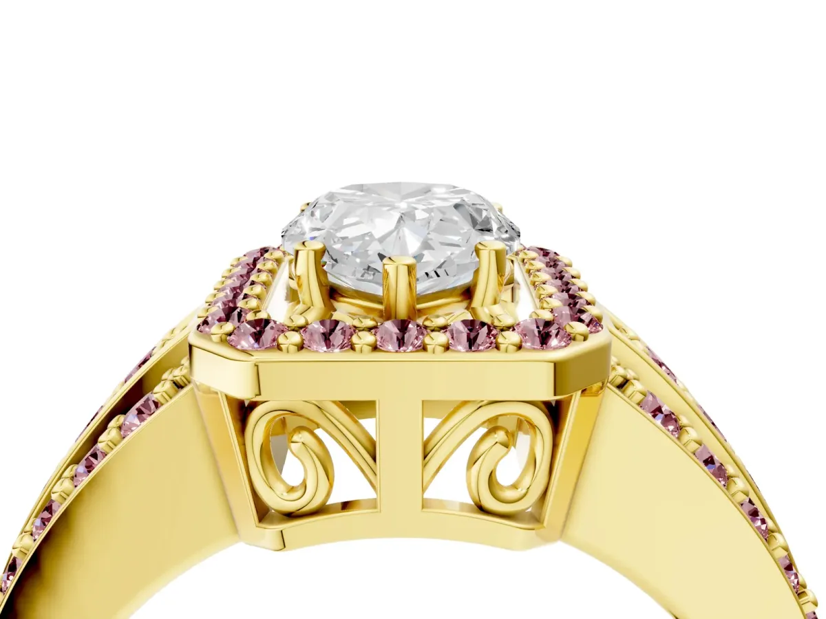 Pear Cut Halo Diamond Ring with Round Morganite Split Shank and Prong Setting Yellow gold