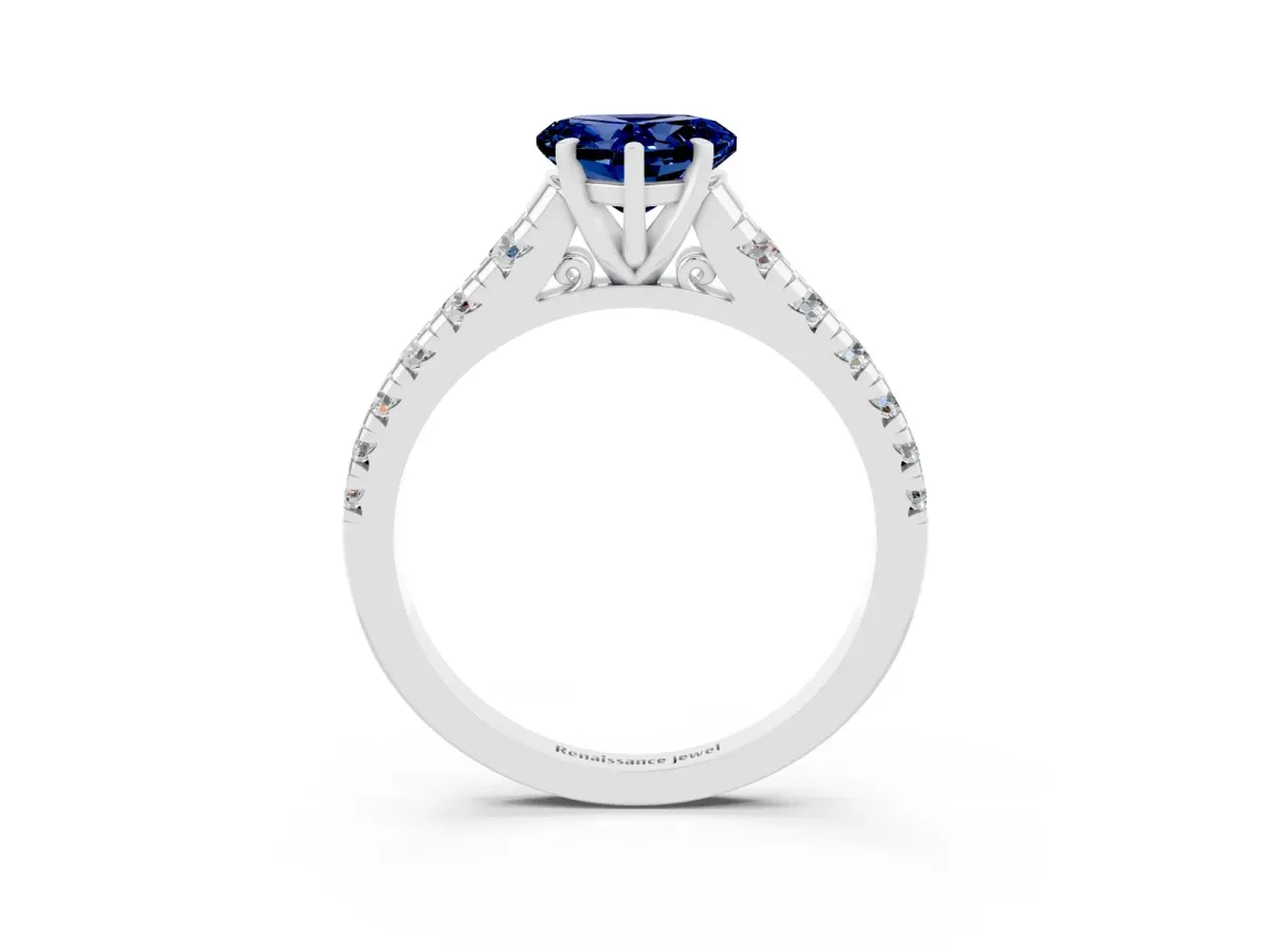 Heart Cut Blue Sapphire Cathedral Solitaire Ring with Round Pavé Band Platinum
