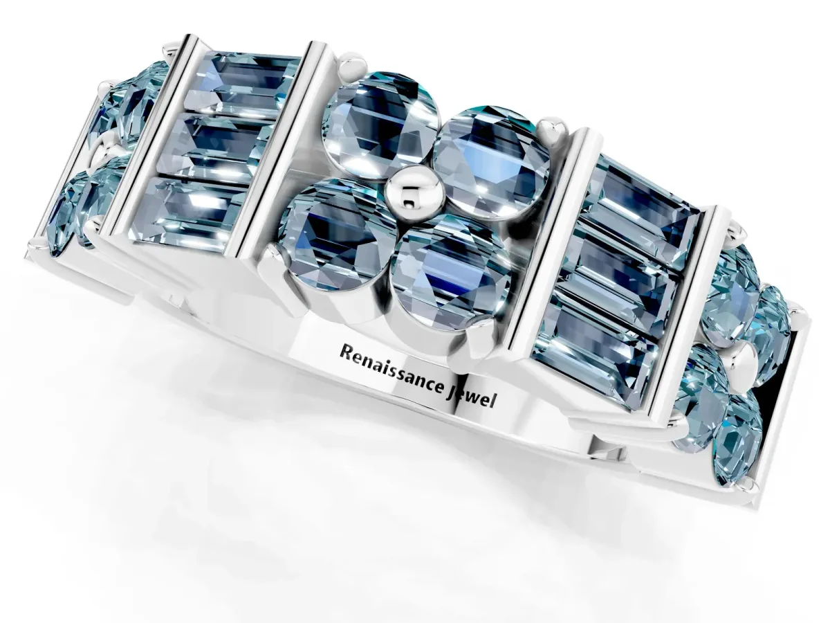 Channel Set Round and Baguette Aquamarine Anniversary Band with Prong Setting Silver