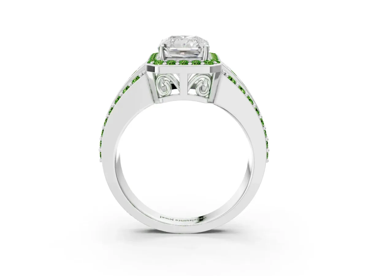 Radiant Cut Halo Diamond Ring with Round Peridot Split Shank and Prong Setting Silver