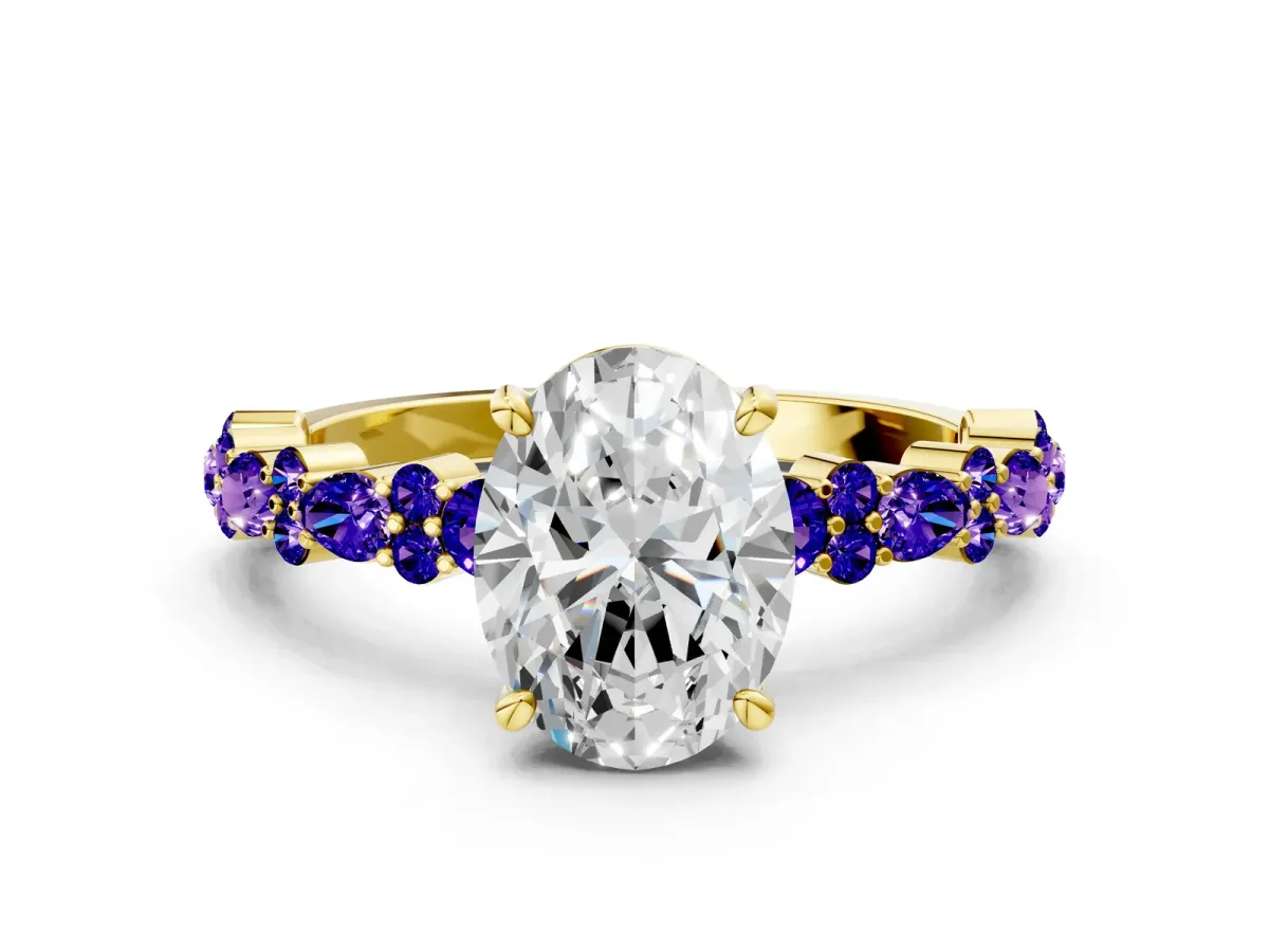 Oval Cut Diamond Side Stone Solitaire Ring with Round Tanzanite and Four-Prong Setting Yellow gold