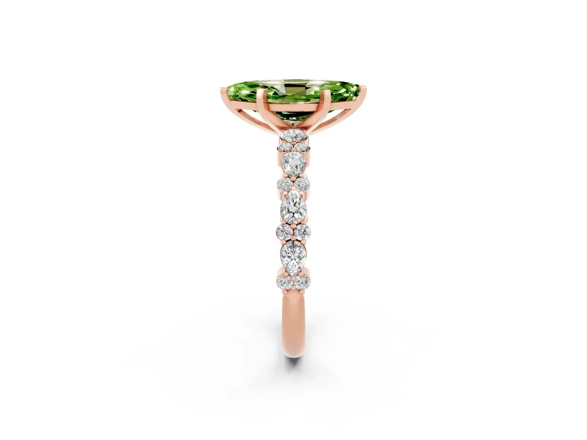 Marquise Cut Peridot Side Stone Solitaire Ring with Round and Four-Prong Setting Rose gold