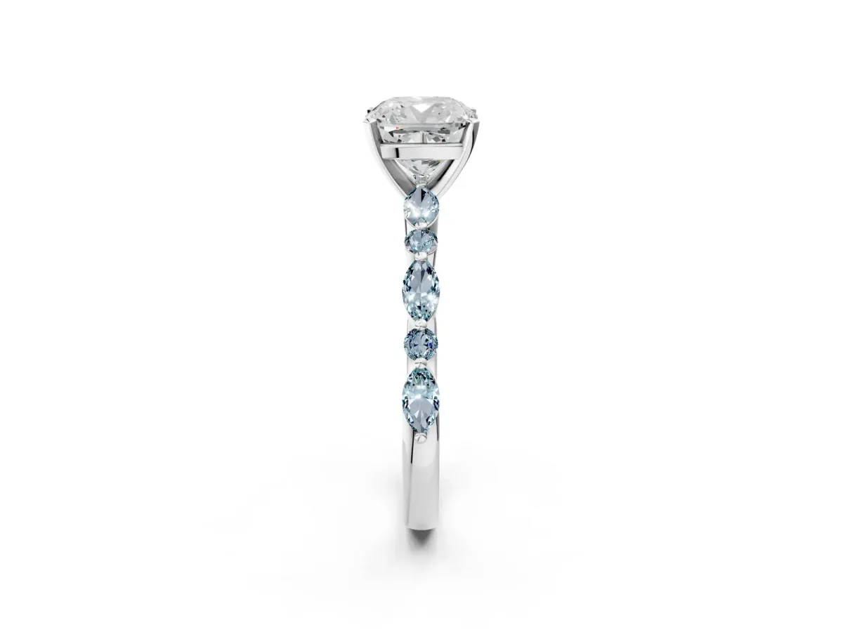 Cushion Cut Diamond Ring with Marquise and Round Aquamarine Side Stones and Four-Prong Setting Silver