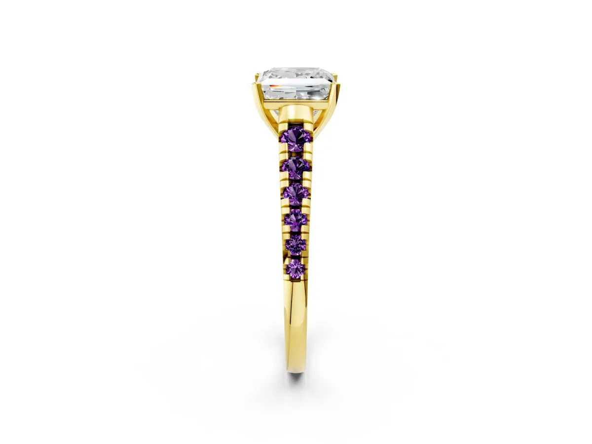 Princess Cut Diamond Cathedral Solitaire Ring with Round Amethyst Pavé Band Yellow gold
