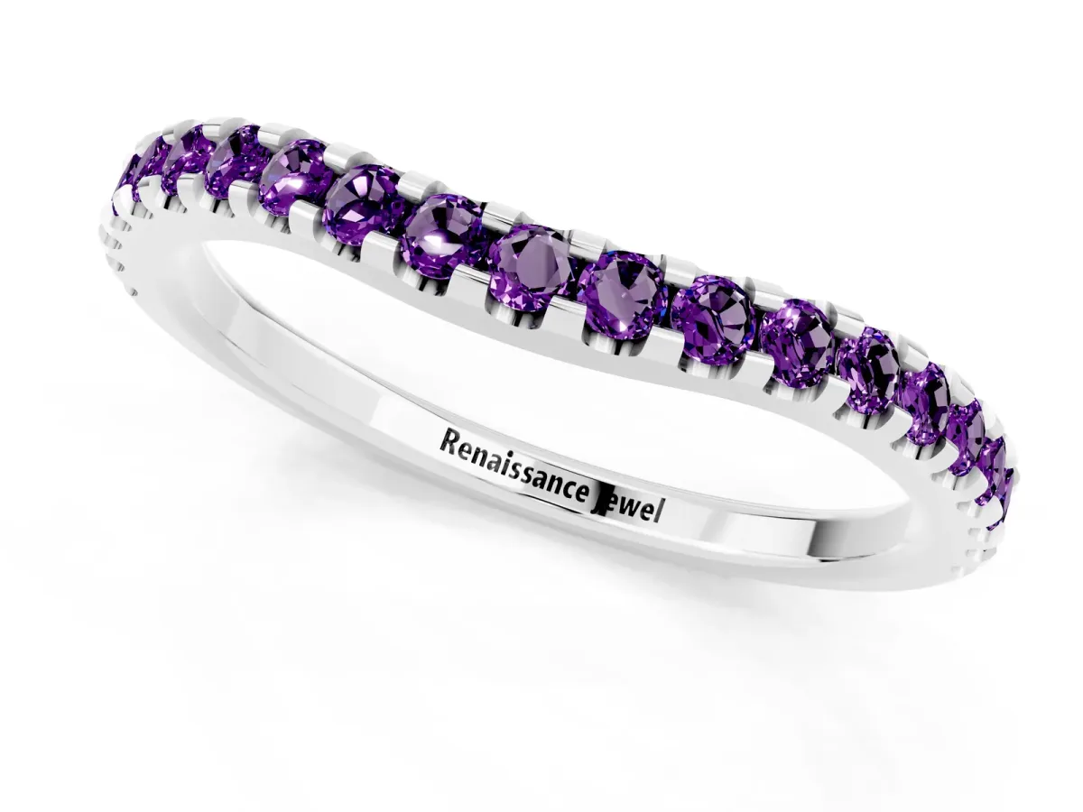 Round Amethyst Pavé Curved Wedding Band White gold
