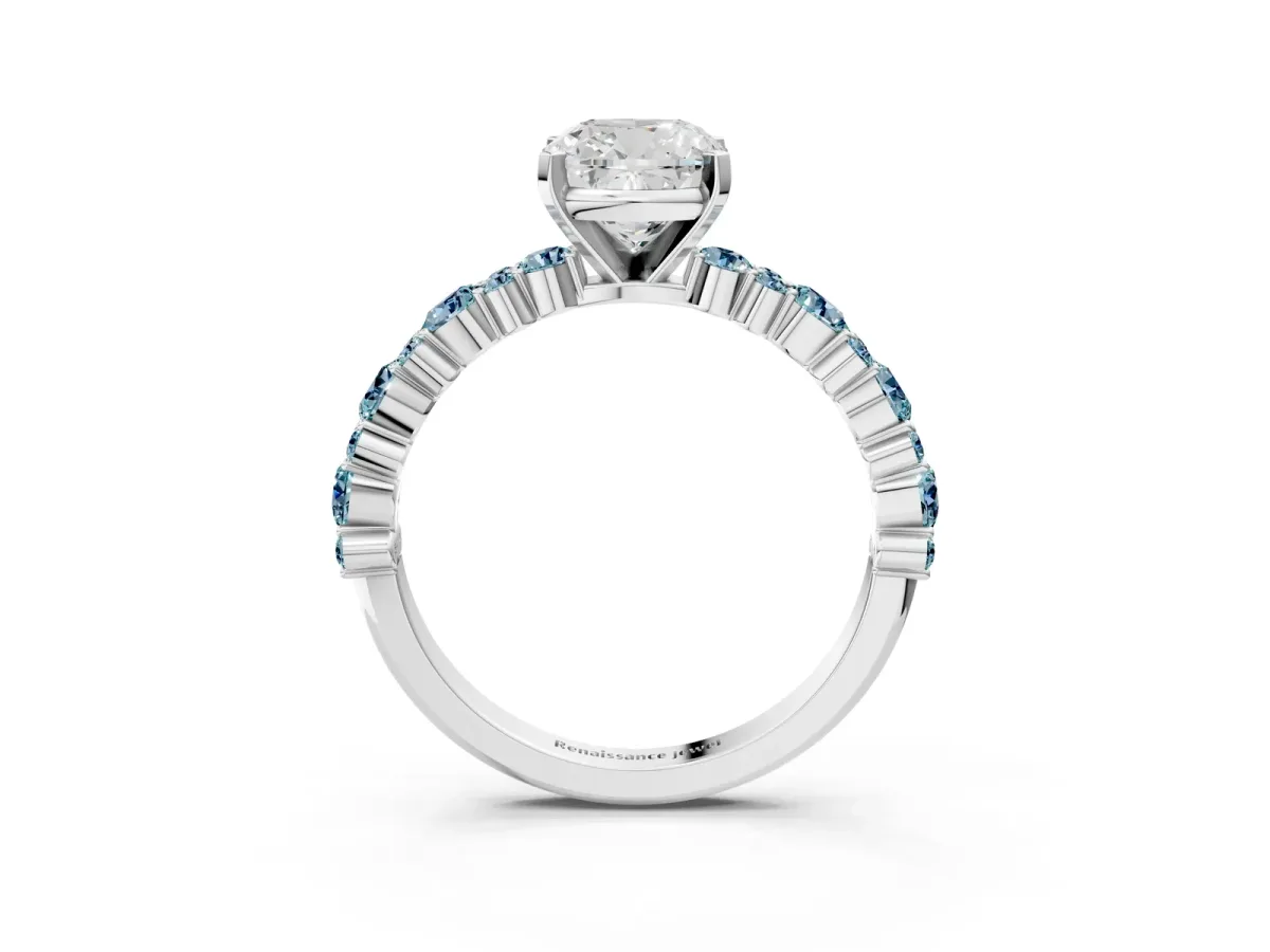 Cushion Cut Diamond Side Stone Solitaire Ring with Round Aquamarine and Four-Prong Setting Platinum