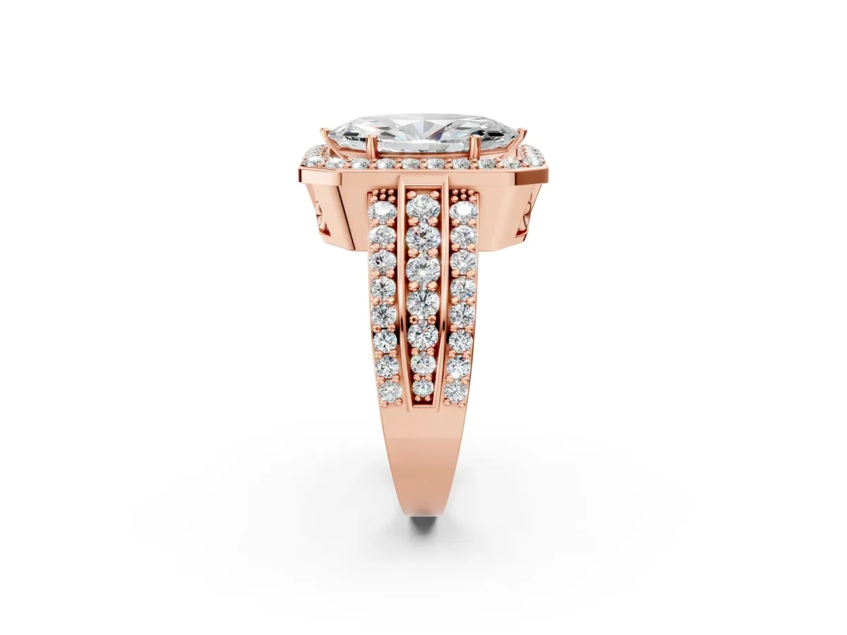 Marquise Cut Halo Diamond Ring with Round Split Shank and Prong Setting Rose gold
