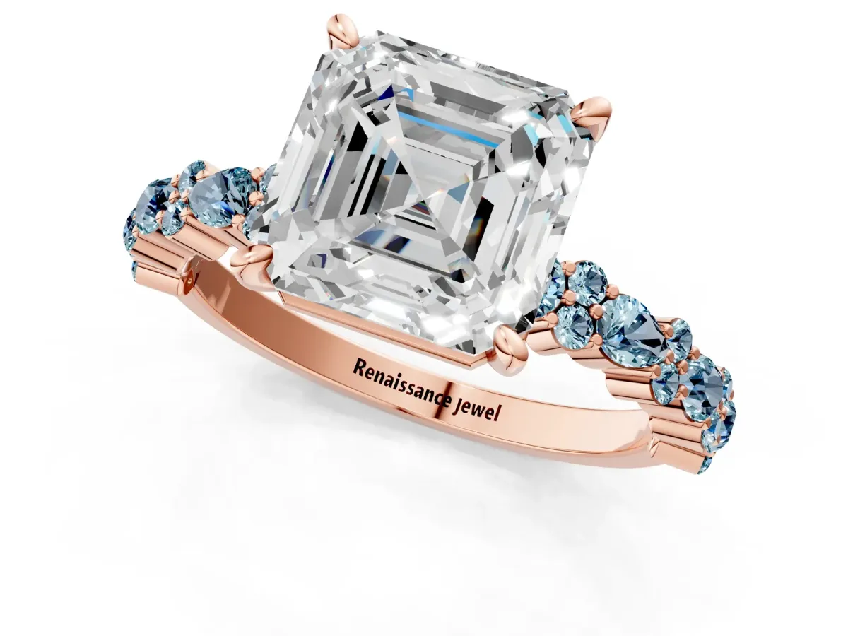Asscher Cut Diamond Side Stone Solitaire Ring with Round Aquamarine and Four-Prong Setting Rose gold