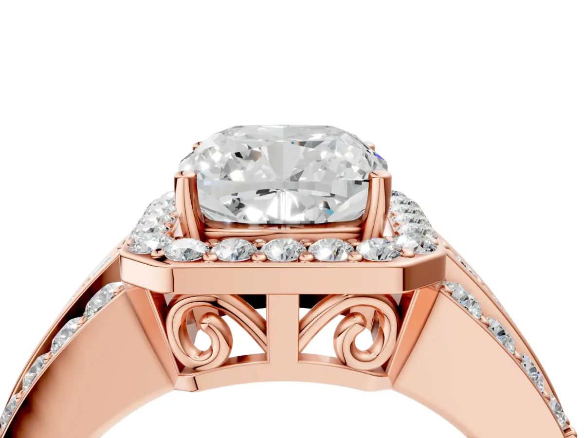 Cushion Cut Halo Diamond Ring with Round Split Shank and Prong Setting Rose gold