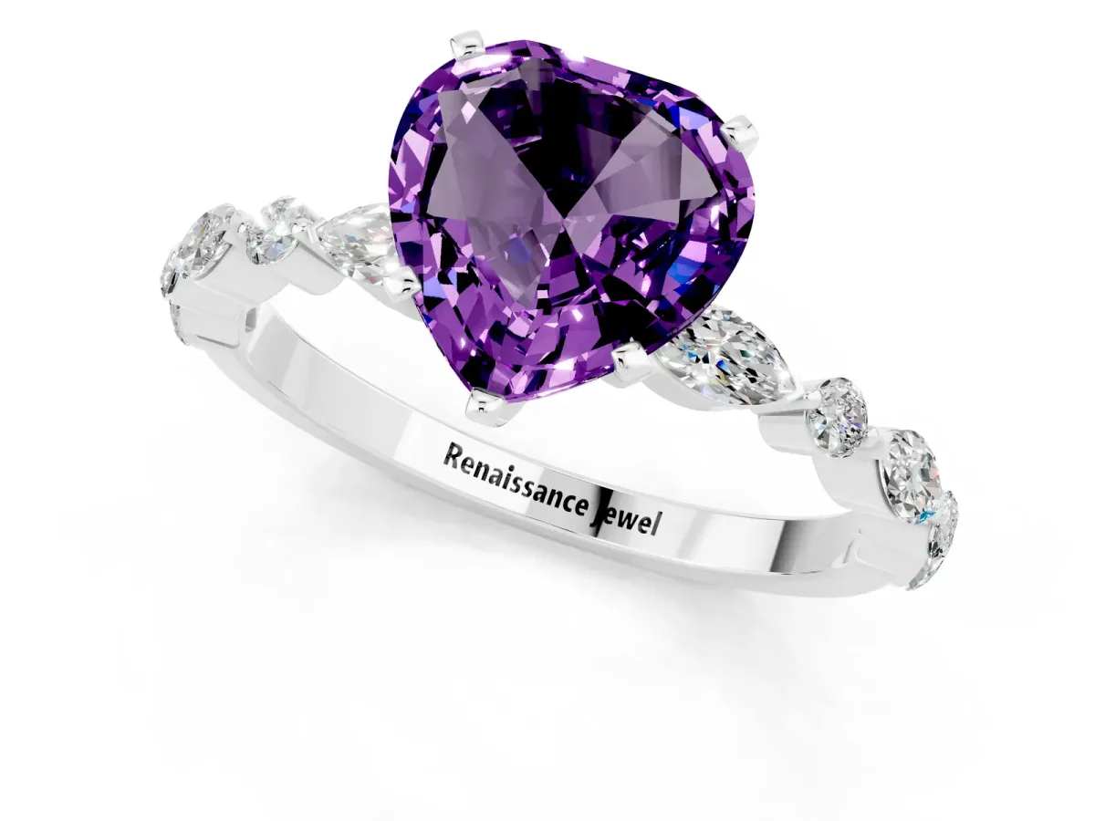 Heart Cut Amethyst Ring with Marquise and Round Side Stones and Four-Prong Setting Silver