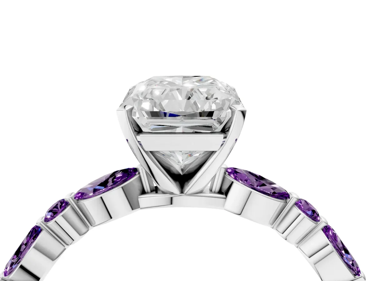 Radiant Cut Diamond Ring with Marquise and Round Amethyst Side Stones and Four-Prong Setting Silver