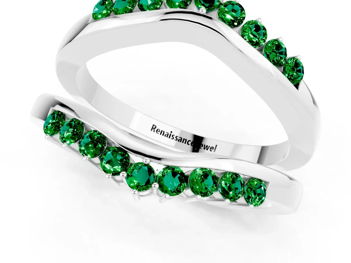 Round Emerald Chevron Contour Band with Prong Setting Platinum