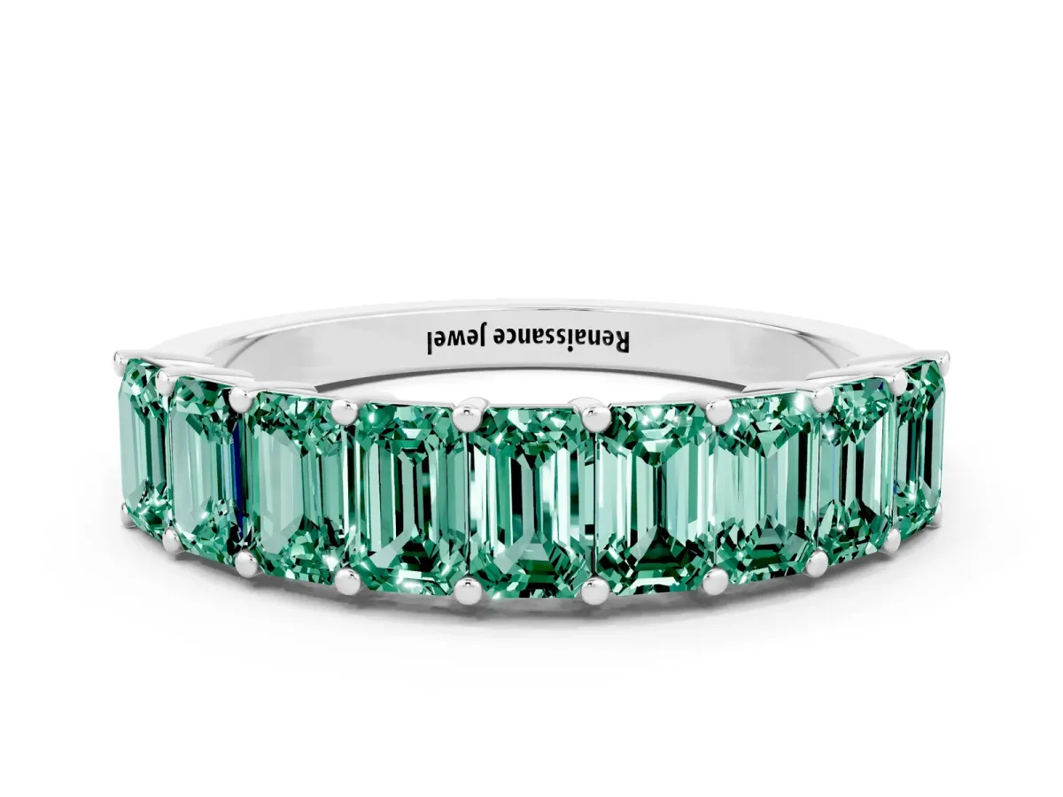 Emerald Cut Green Sapphire Prong-Set Eternity Band White gold
