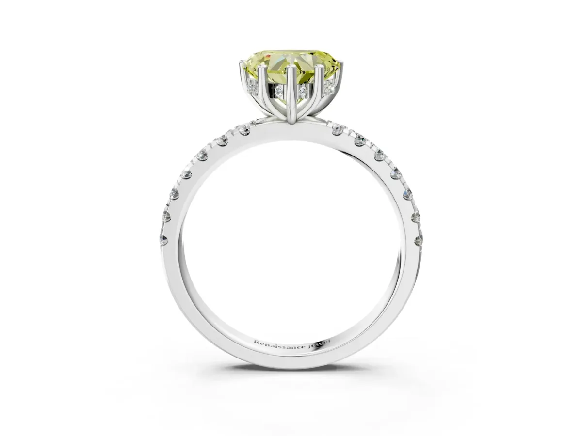 Fancy Yellow Heart Cut Diamond Pave Band Solitaire Ring with Round and Prong Setting Silver