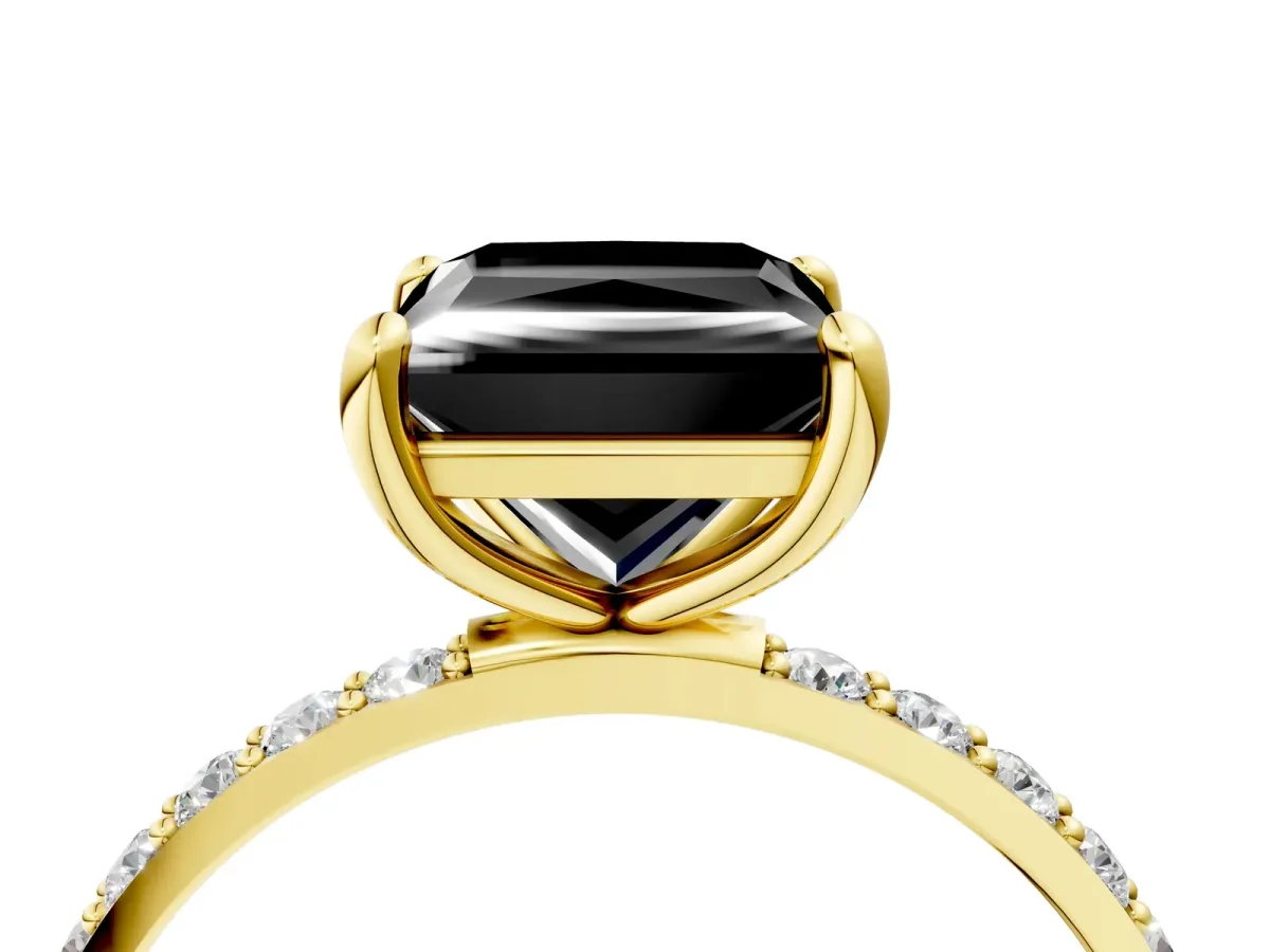 Fancy Black Princess Cut Diamond Solitaire Ring with Round Pavé Band and Prong Setting Yellow gold