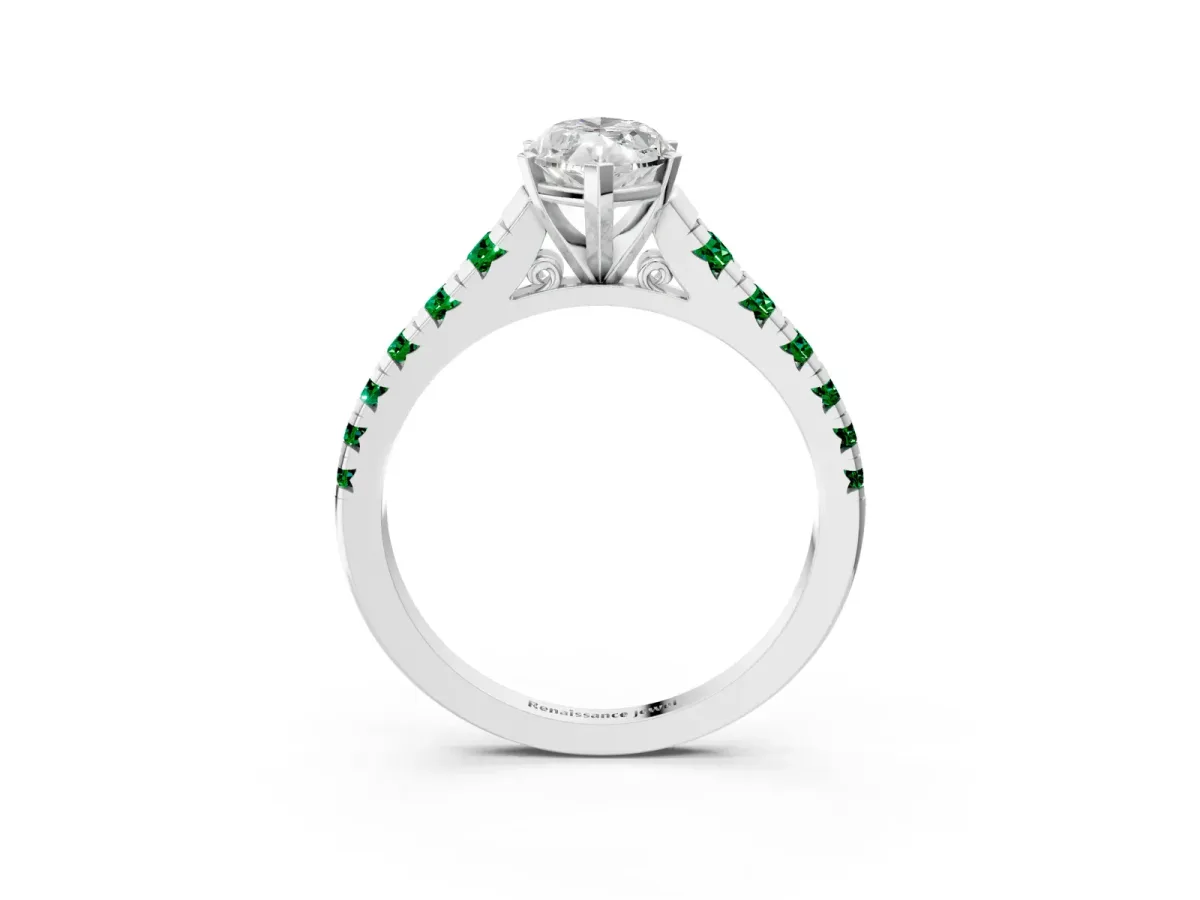 Marquise Cut Diamond Cathedral Solitaire Ring with Round Emerald Pavé Band Silver