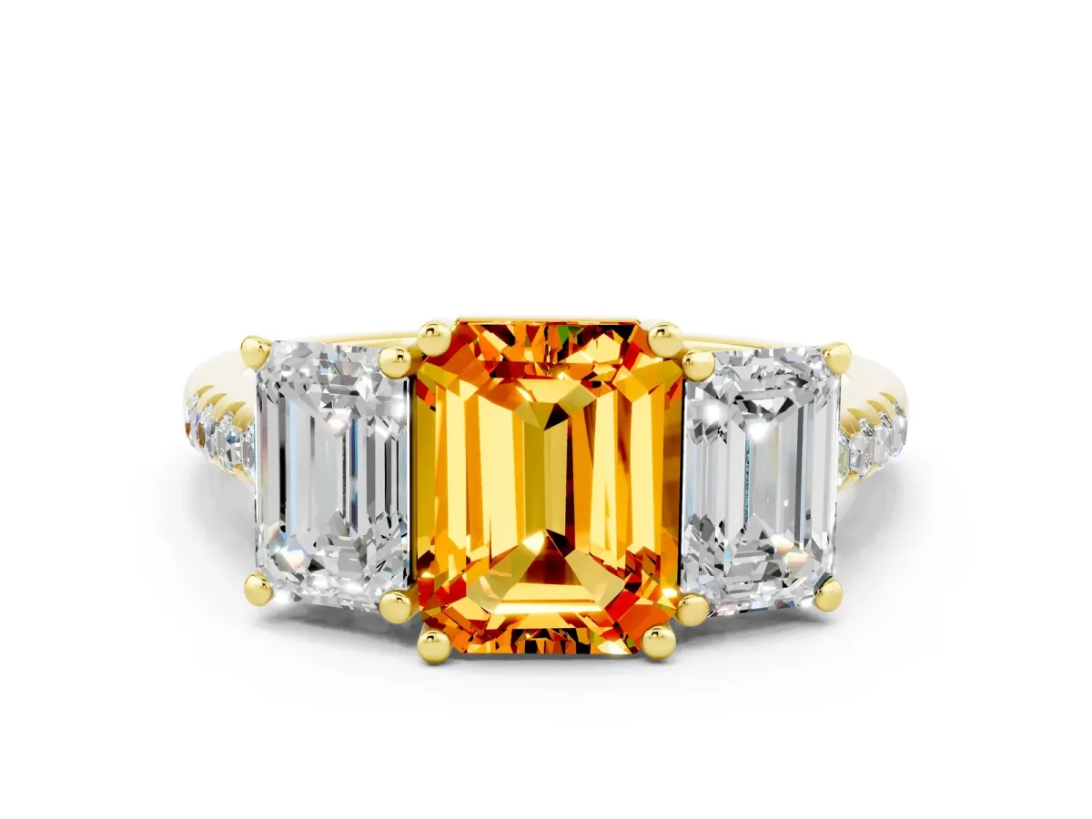 Three-Stone Emerald Cut Citrine Ring with Round Pavé Band and Prong Setting Yellow gold