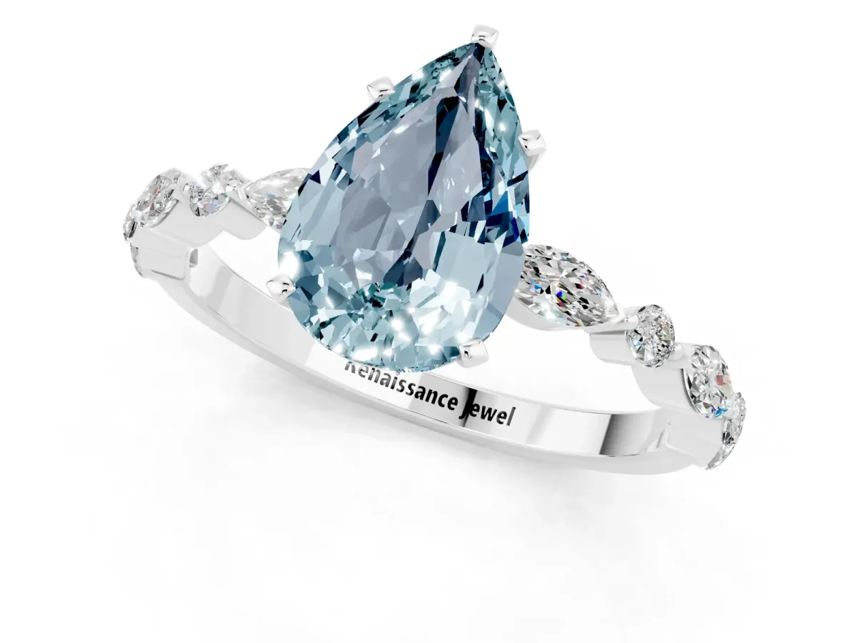 Pear Cut Aquamarine Ring with Marquise and Round Side Stones and Four-Prong Setting Silver