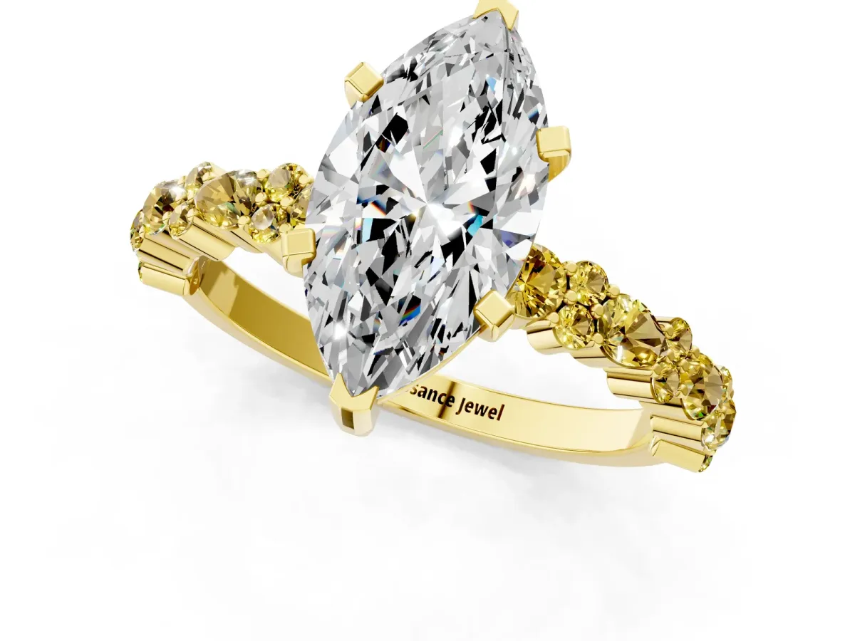 Marquise Cut Diamond Side Stone Solitaire Ring with Round Yellow Sapphire and Four-Prong Setting Yellow gold