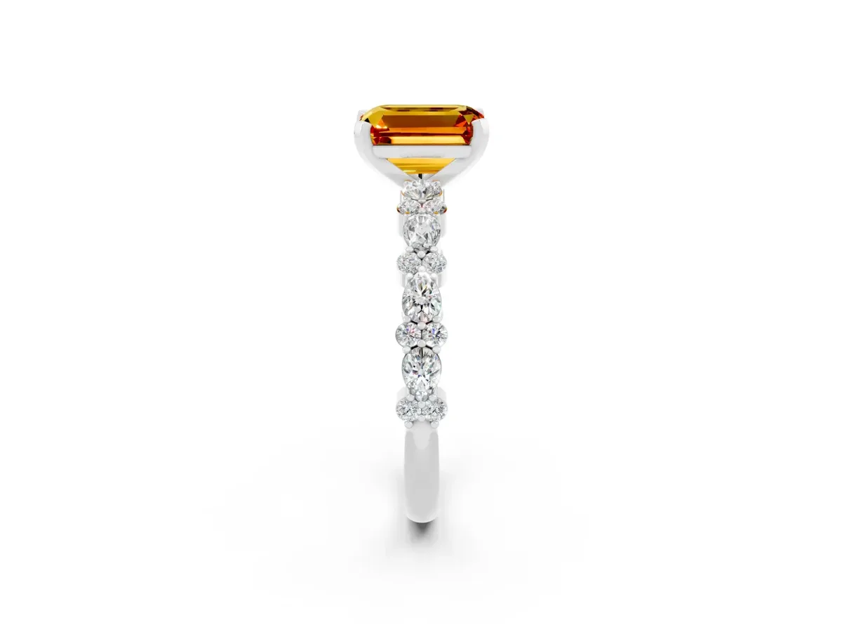Emerald Cut Citrine Side Stone Solitaire Ring with Round and Four-Prong Setting Platinum