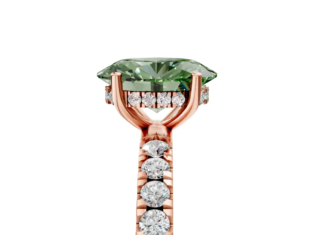 Fancy Green Oval Cut Diamond Pave Band Solitaire Ring with Round and Prong Setting Rose gold