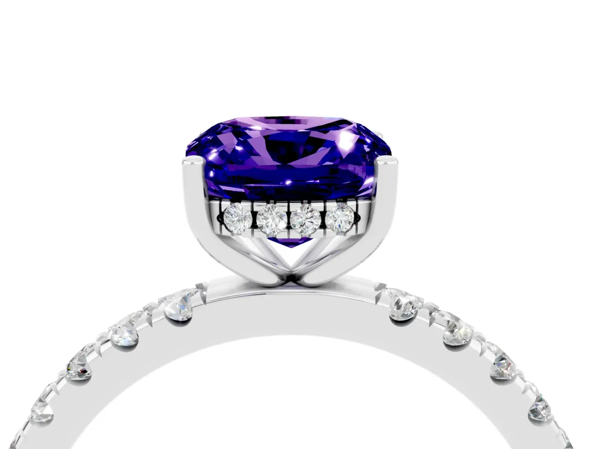 Cushion Cut Tanzanite Pave Band Solitaire Ring with Round and Prong Setting Silver