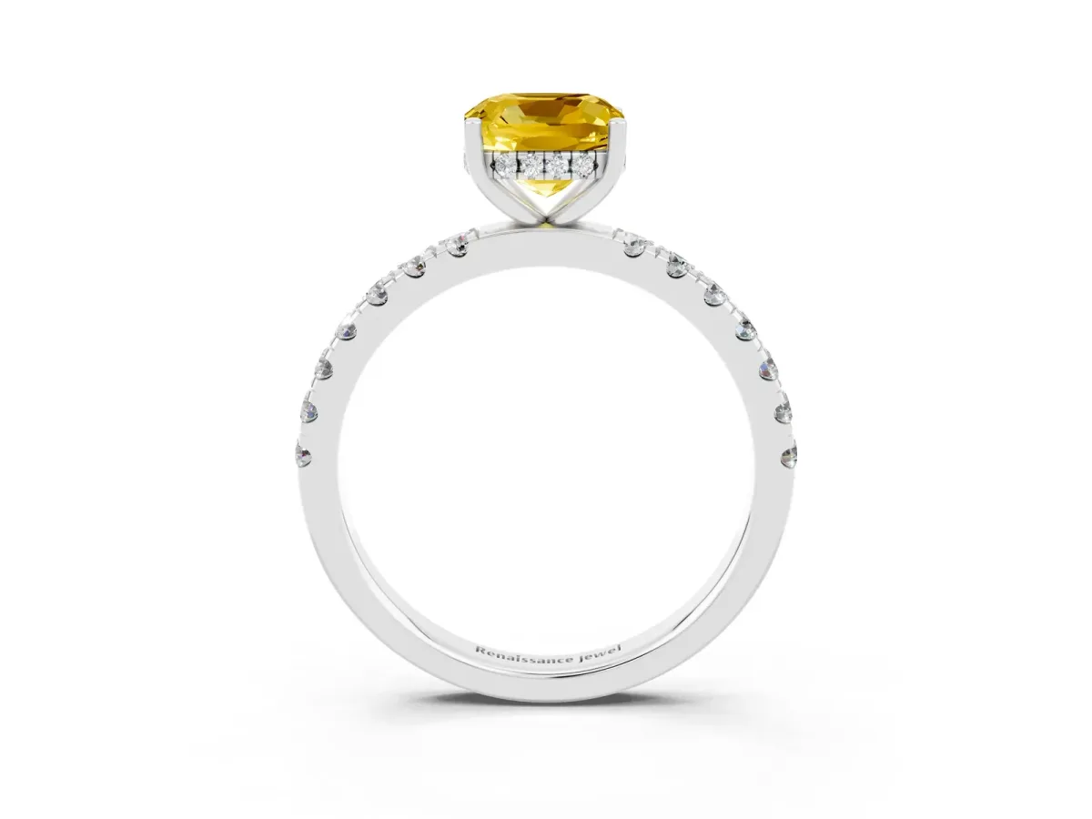 Cushion Cut Yellow Sapphire Pave Band Solitaire Ring with Round and Prong Setting Platinum