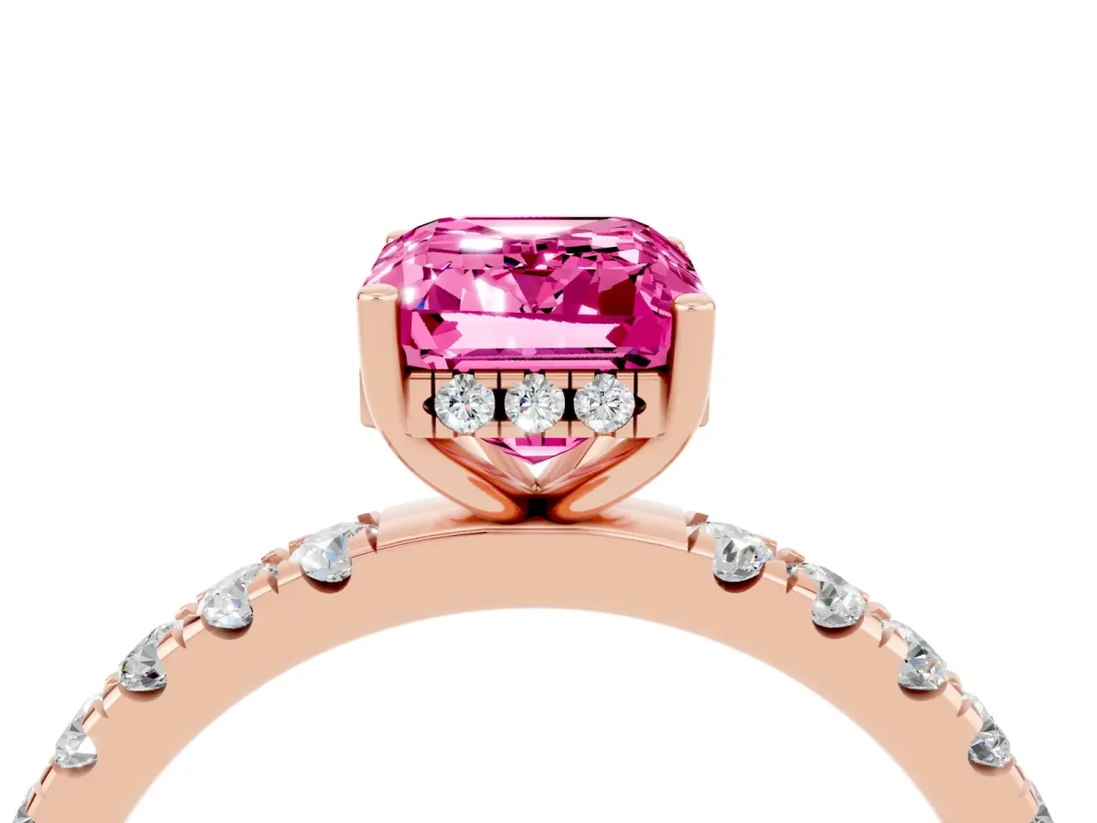 Emerald Cut Pink Sapphire Pave Band Solitaire Ring with Round and Prong Setting Rose gold