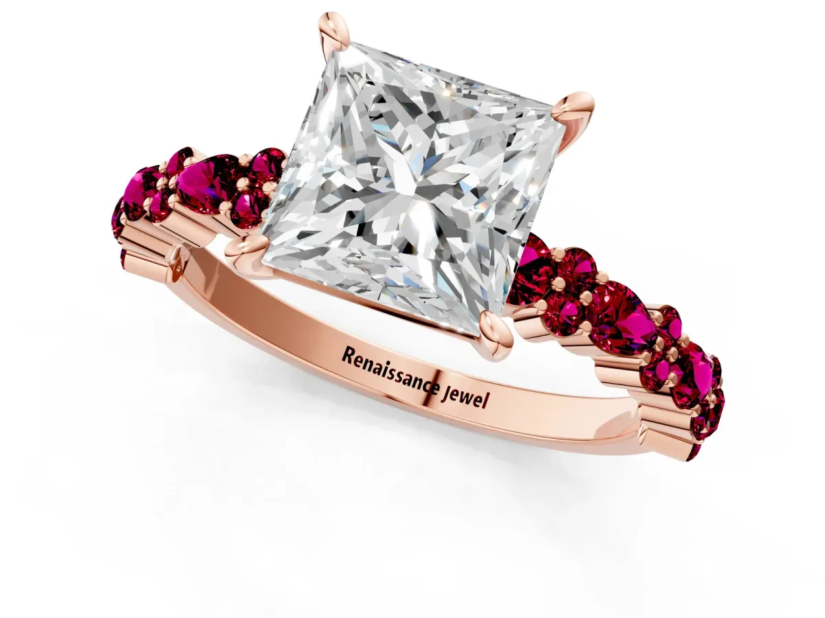 Princess Cut Diamond Side Stone Solitaire Ring with Round Garnet and Four-Prong Setting Rose gold