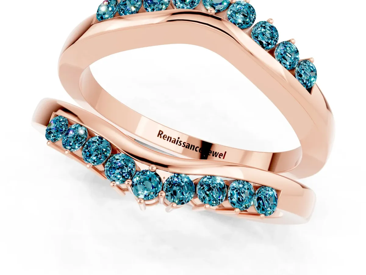 Round Blue Topaz Chevron Contour Band with Prong Setting Rose gold