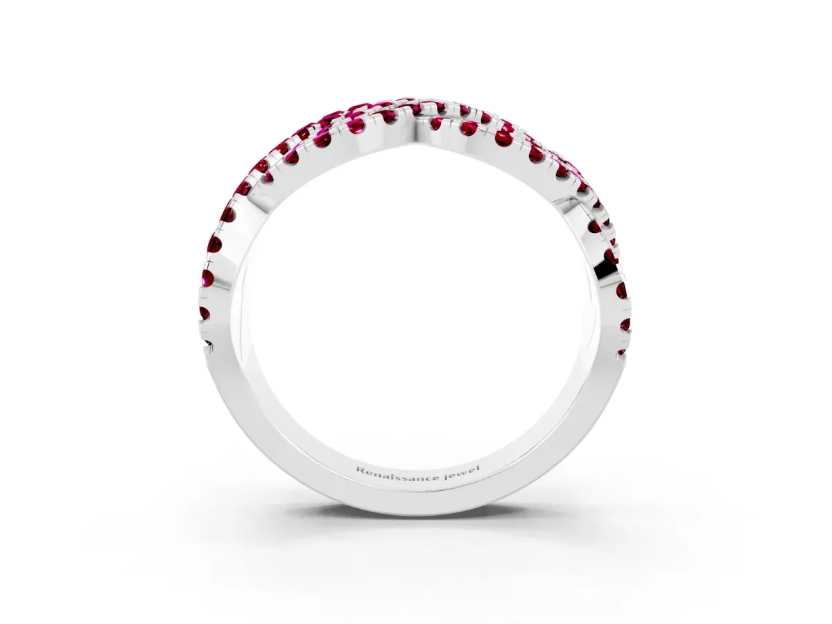 Pavé Round Garnet Infinity Twist Band with Shared Prong Setting Platinum